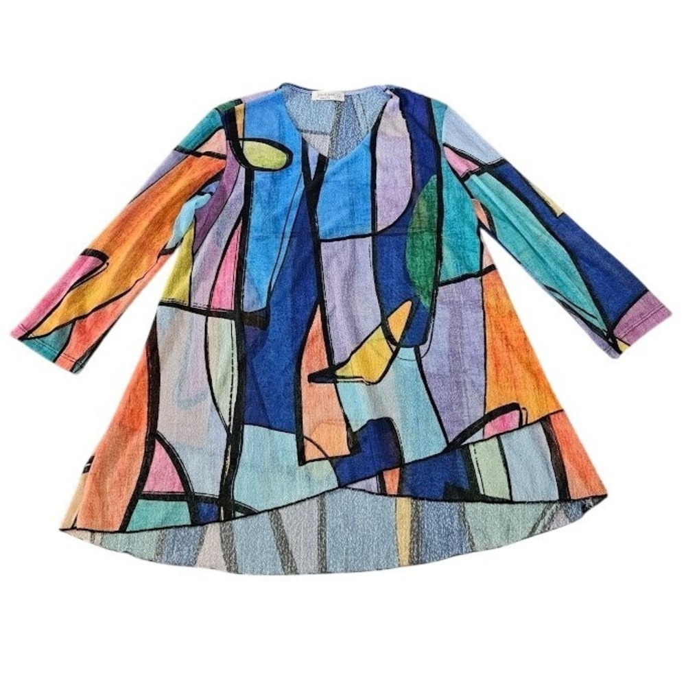 Jess & Jane Tunic Top Women Small Abstract Stained Glass Print Colorful Shirt